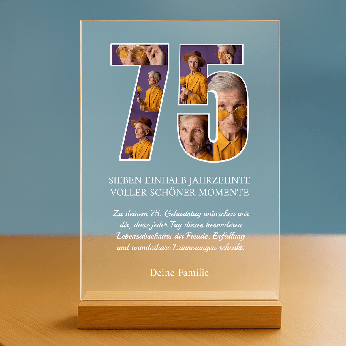 75 Jahre voller schöner Momente – personalisierter Druck auf Glas für die Großmutter - Emmygift.de