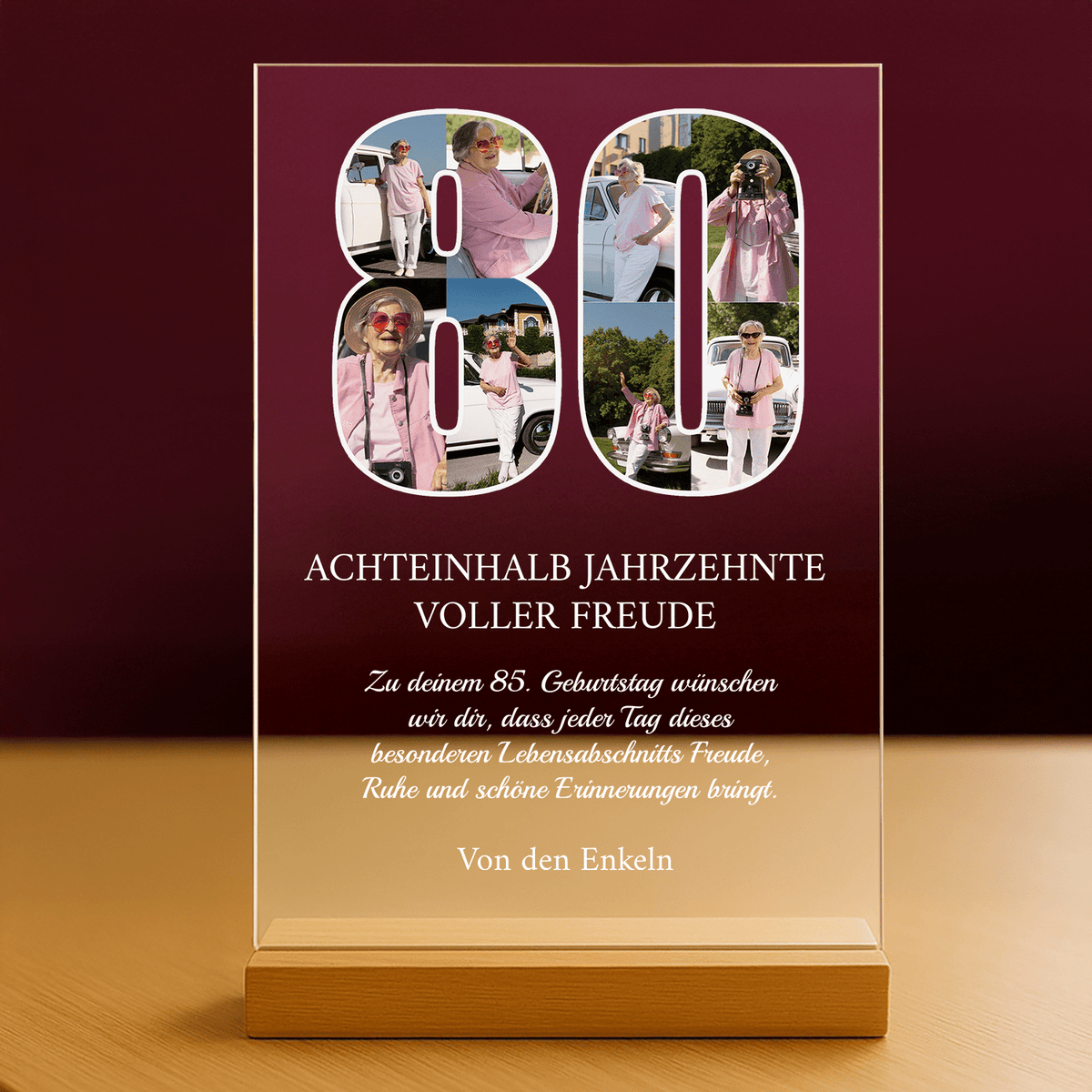 80 Jahre voller Freude – personalisierter Druck auf Glas für die Großmutter - Emmygift.de