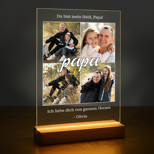 Collage mit 4 Fotos mit Papa – personalisierter Glasdruck