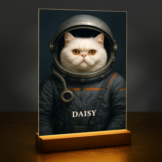 Deine Katze im Weltall – Elegantes Porträt auf Glas