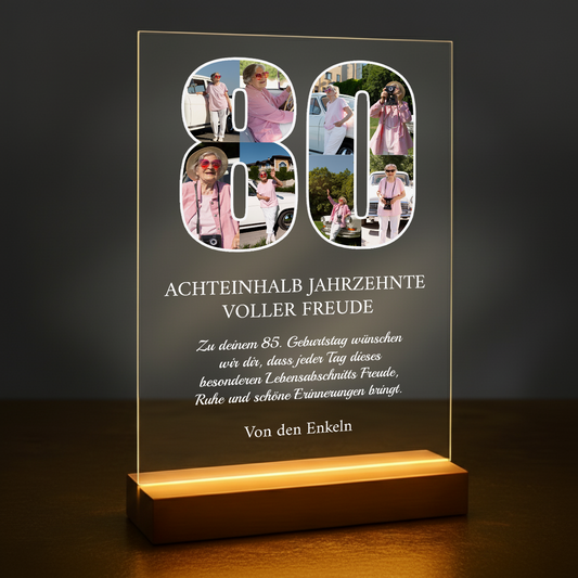 80 Jahre voller Freude – personalisierter Druck auf Glas für die Großmutter