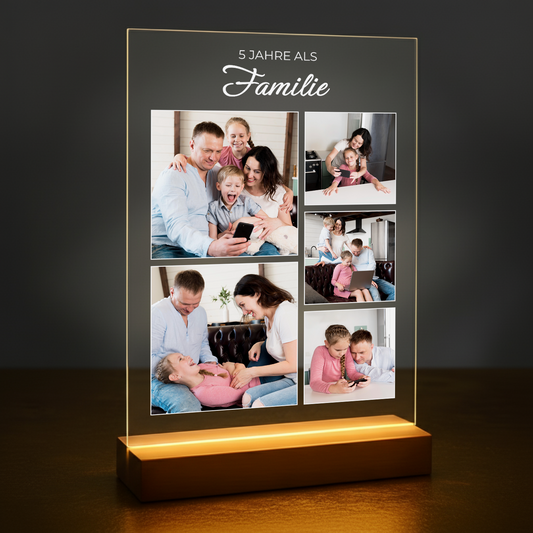 5 Jahre als Familie – personalisierter Druck auf Glas für Eltern