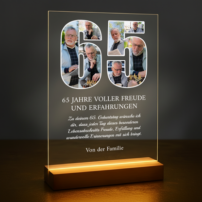 65 Jahre voller Freude – personalisierter Druck auf Glas für Männer