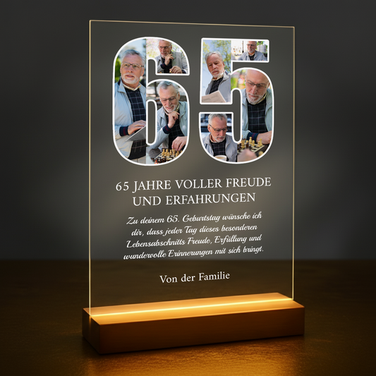 65 Jahre voller Freude – personalisierter Druck auf Glas für Männer