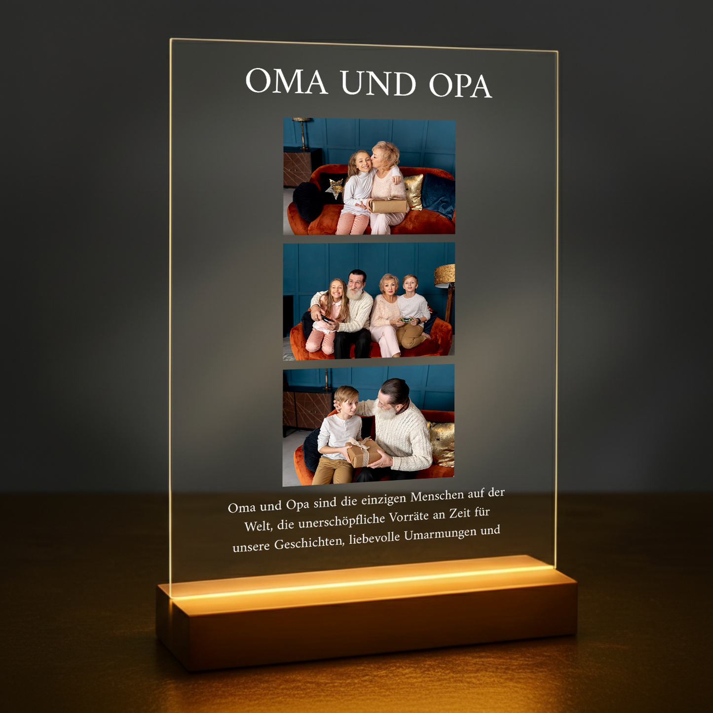 Oma und Opa – Collage aus 3 Fotos, personalisierter Glasdruck für die Großeltern
