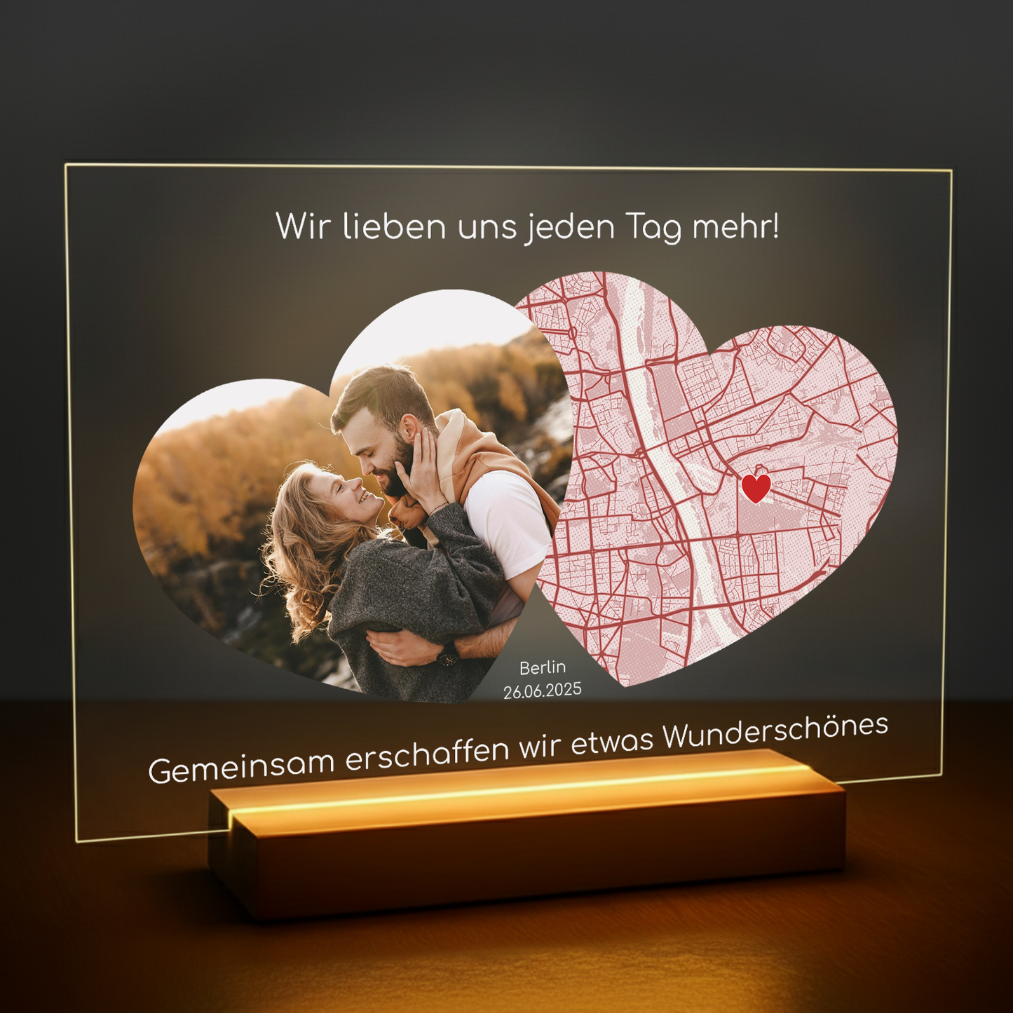 Foto des Paares + Karte – personalisierter Druck auf Glas