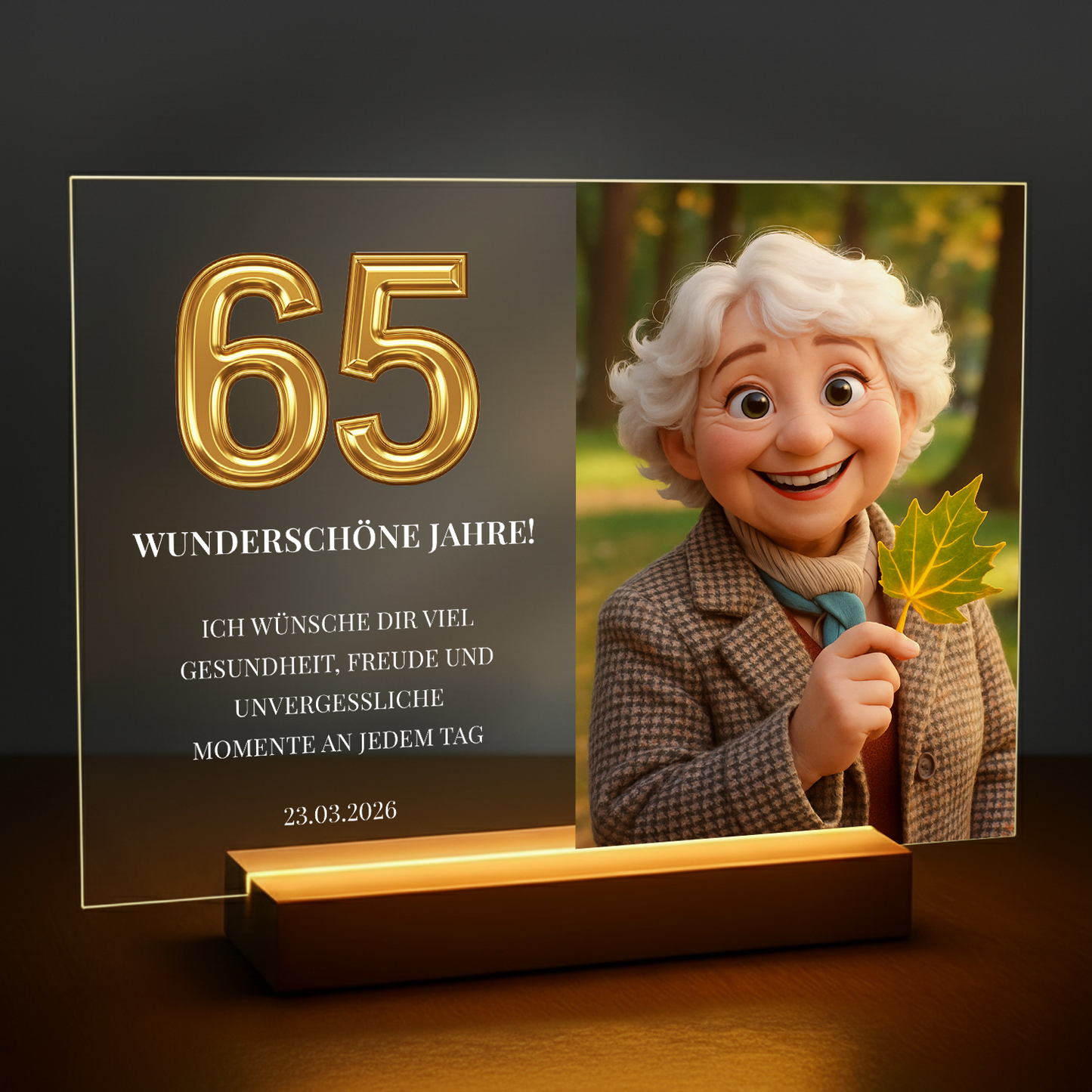 Märchenporträt zu ihrem 65. Geburtstag – personalisierter Glasdruck für sie