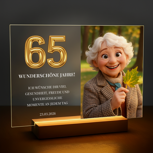 Märchenporträt zu ihrem 65. Geburtstag – personalisierter Glasdruck für sie