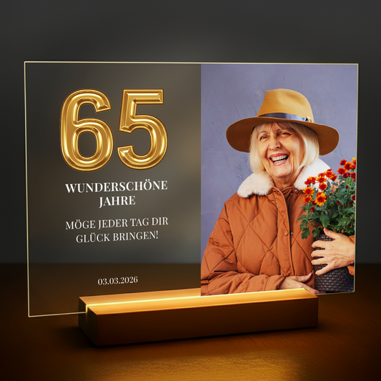 65 wunderschöne Jahre – personalisierter Glasdruck für sie