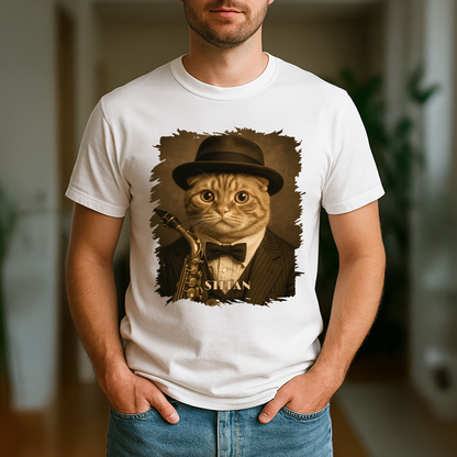 Katze als Jazzmusiker – Herren-T-Shirt mit Aufdruck für Katzenliebhaber