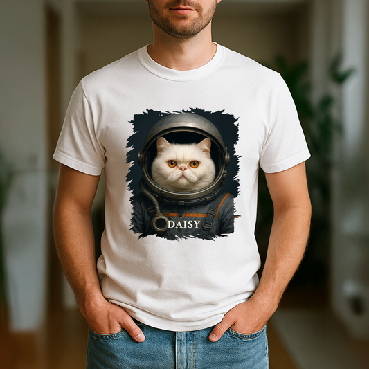 Katze im Weltall – Herren-T-Shirt mit Aufdruck für Katzenliebhaber