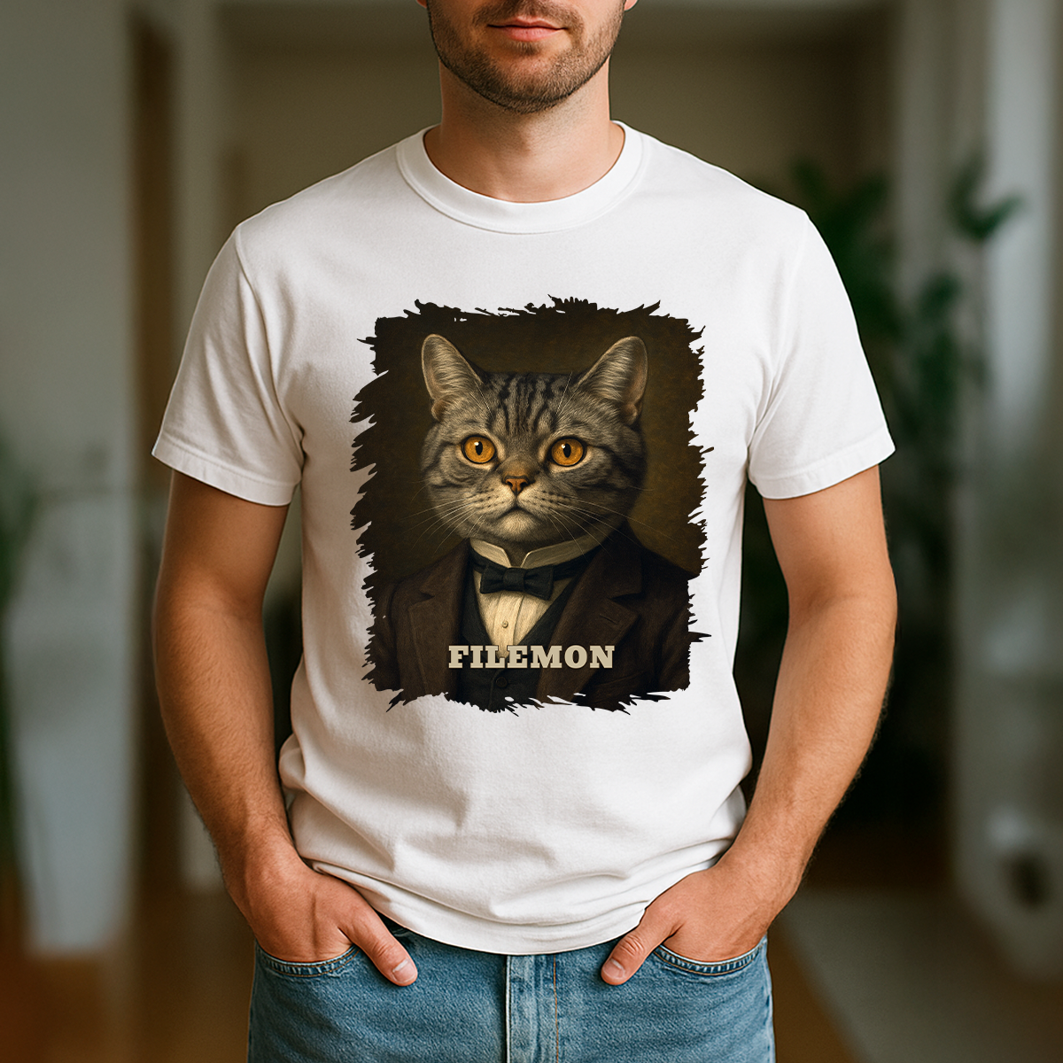 Katze im Anzug – personalisiertes Herren-T-Shirt für Katzenliebhaber
