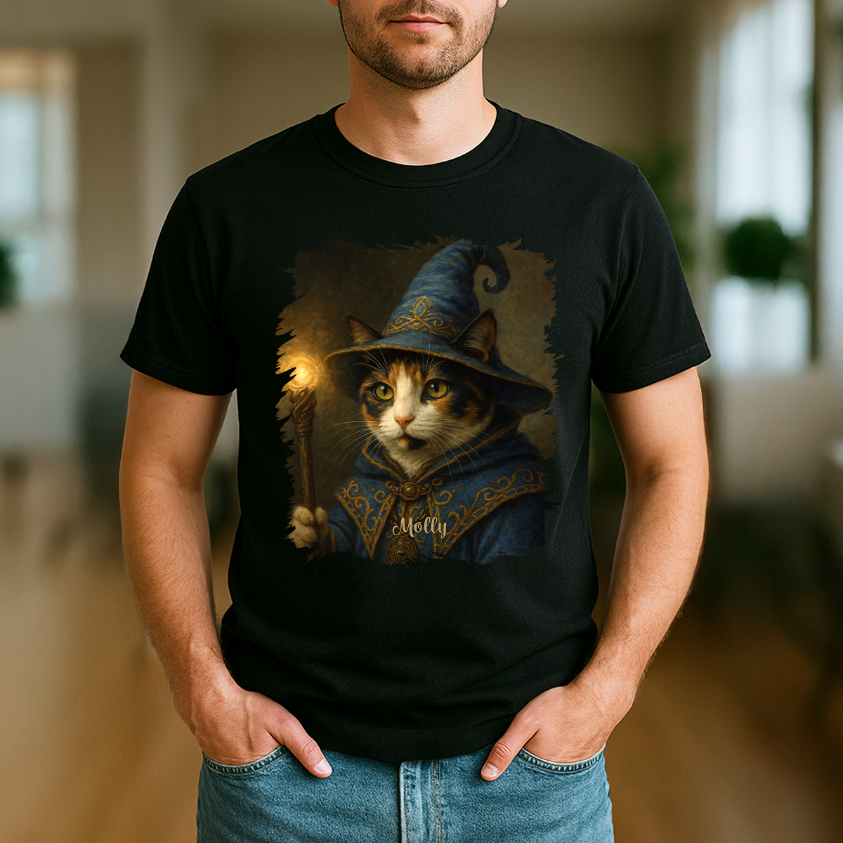 Magische Katze - Herren T-Shirt mit Druck für Katzenliebhaber