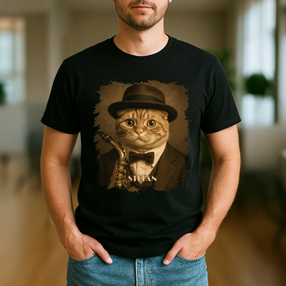Katze als Jazzmusiker – Herren-T-Shirt mit Aufdruck für Katzenliebhaber