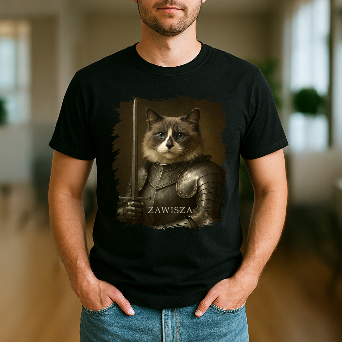Tapferer Ritterkater – Herren-T-Shirt mit Aufdruck für Katzenliebhaber
