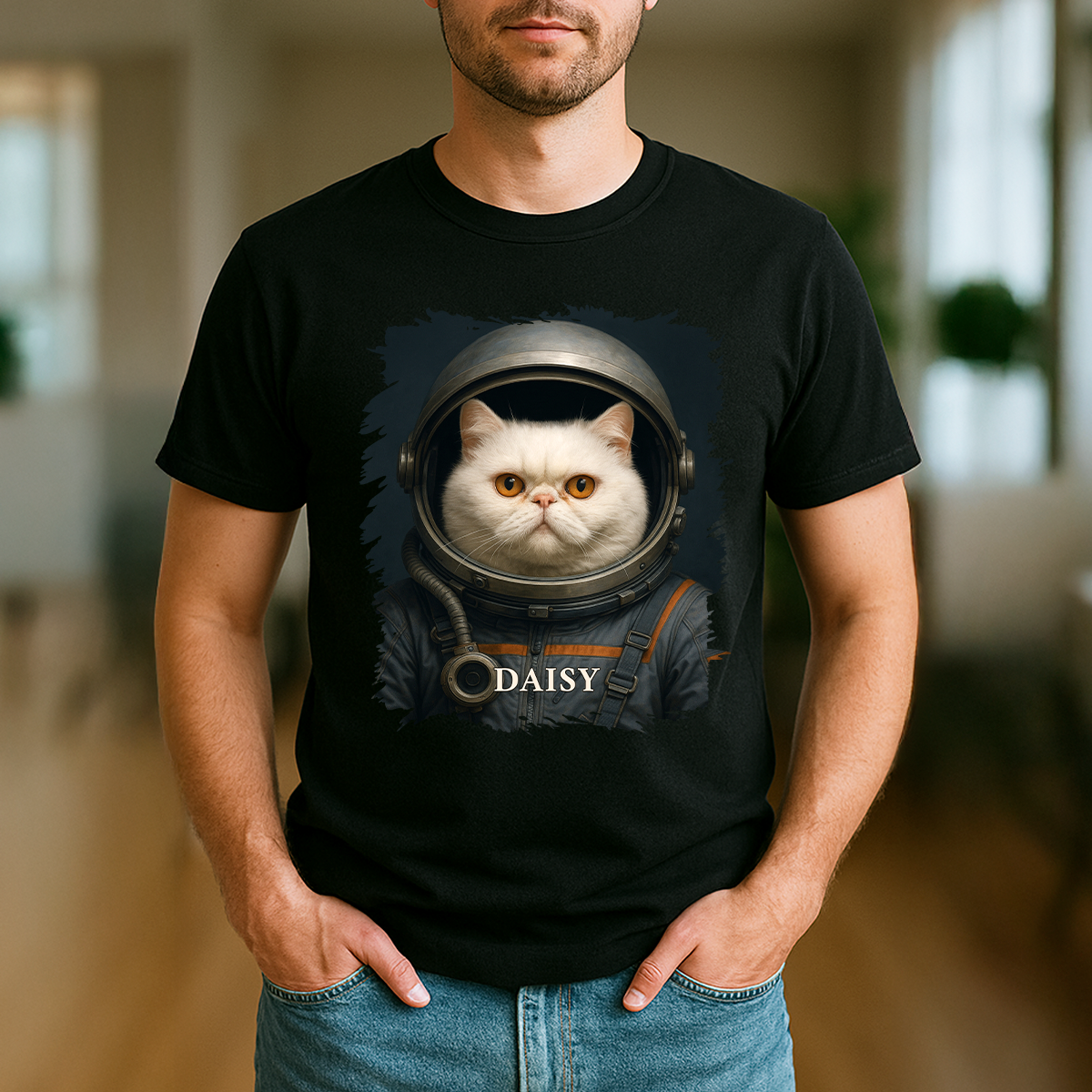 Katze im Weltall – Herren-T-Shirt mit Aufdruck für Katzenliebhaber