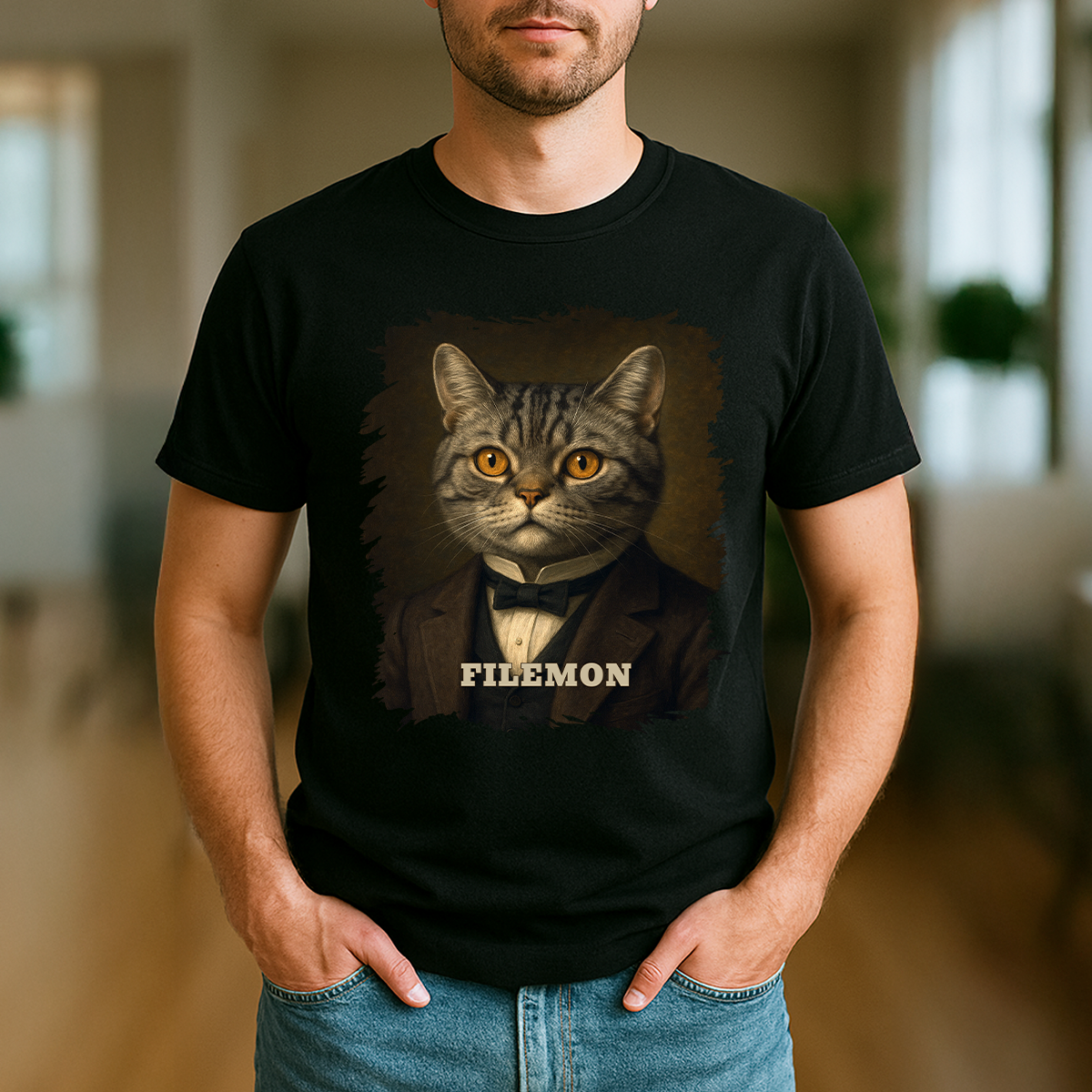 Katze im Anzug – personalisiertes Herren-T-Shirt für Katzenliebhaber