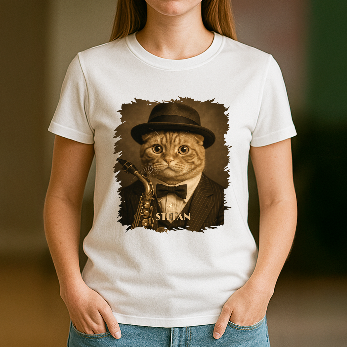 Musikerkatze – Damen-T-Shirt mit Aufdruck für Katzenliebhaber