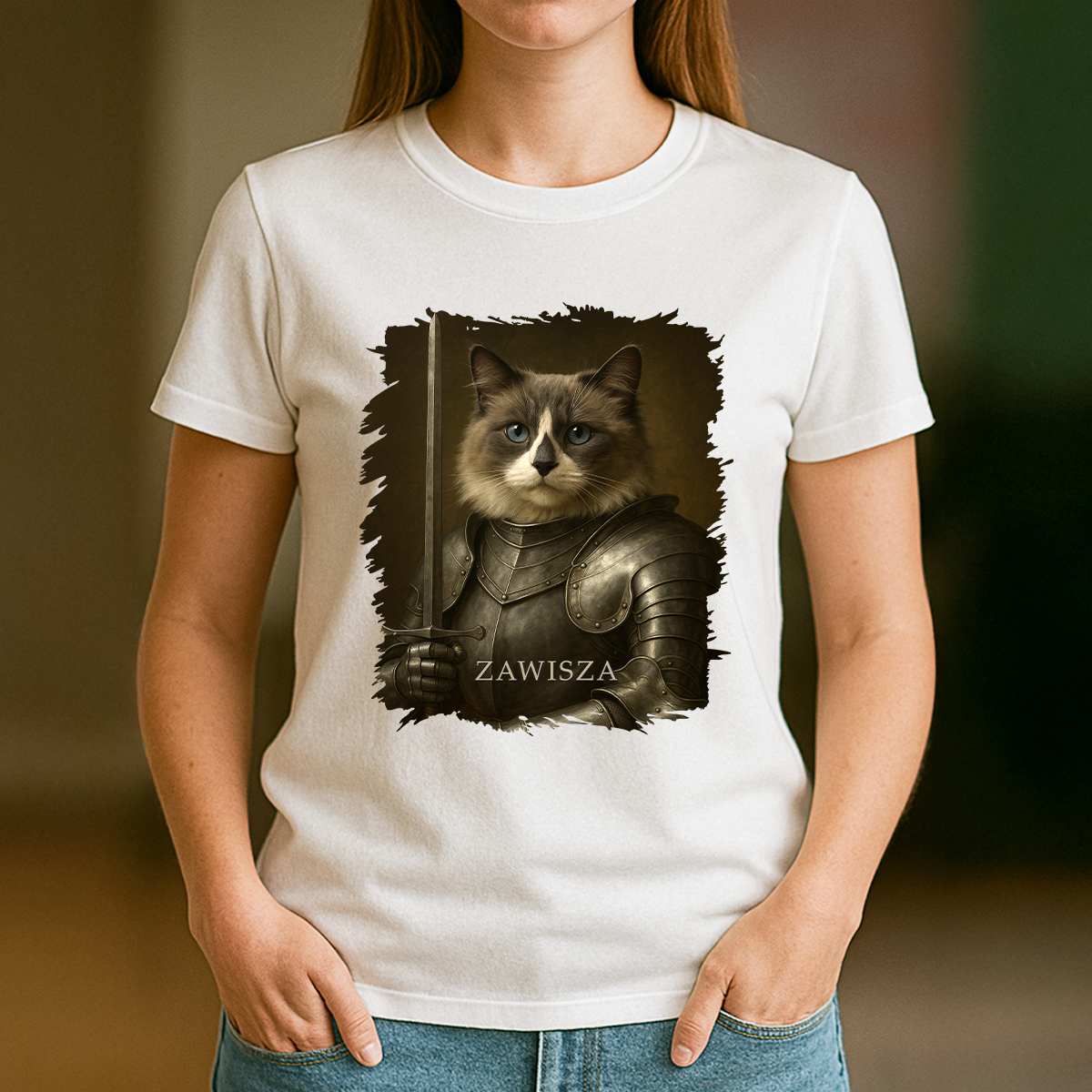 Ritterkatze – Damen-T-Shirt mit Aufdruck für Katzenliebhaber