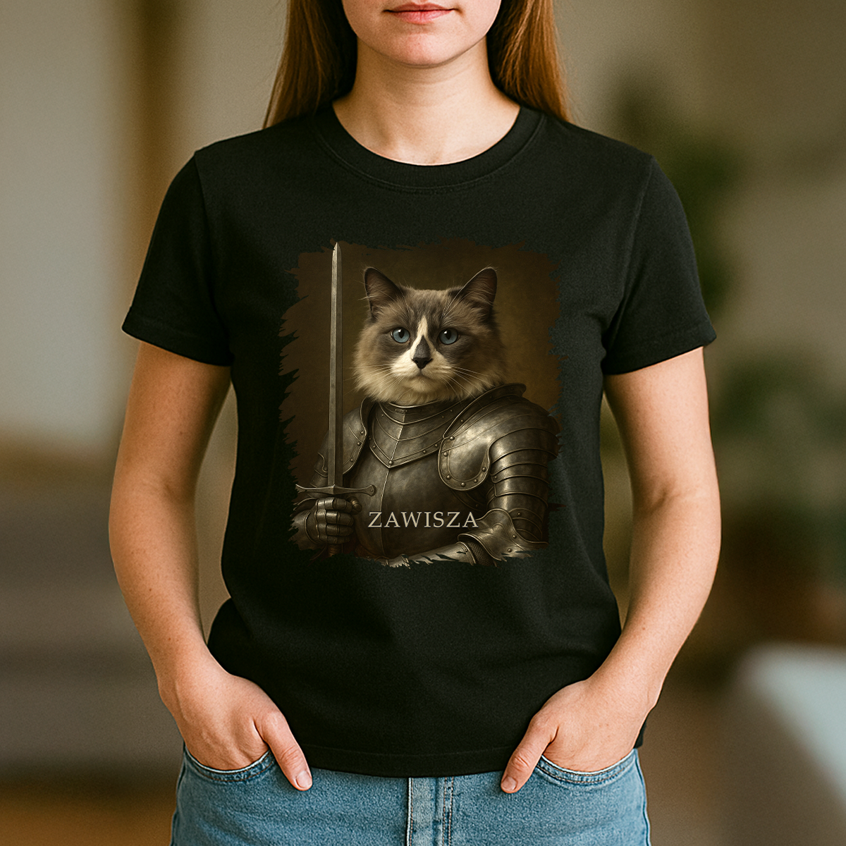 Ritterkatze – Damen-T-Shirt mit Aufdruck für Katzenliebhaber