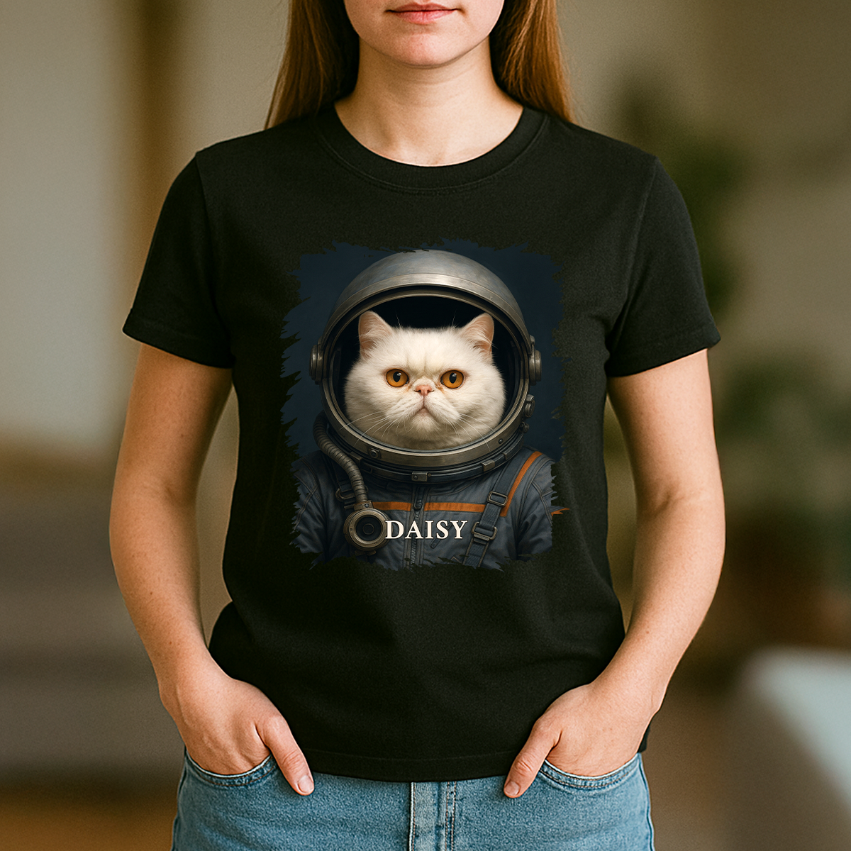Katze als Astronaut – Damen-T-Shirt mit Aufdruck für Katzenliebhaber