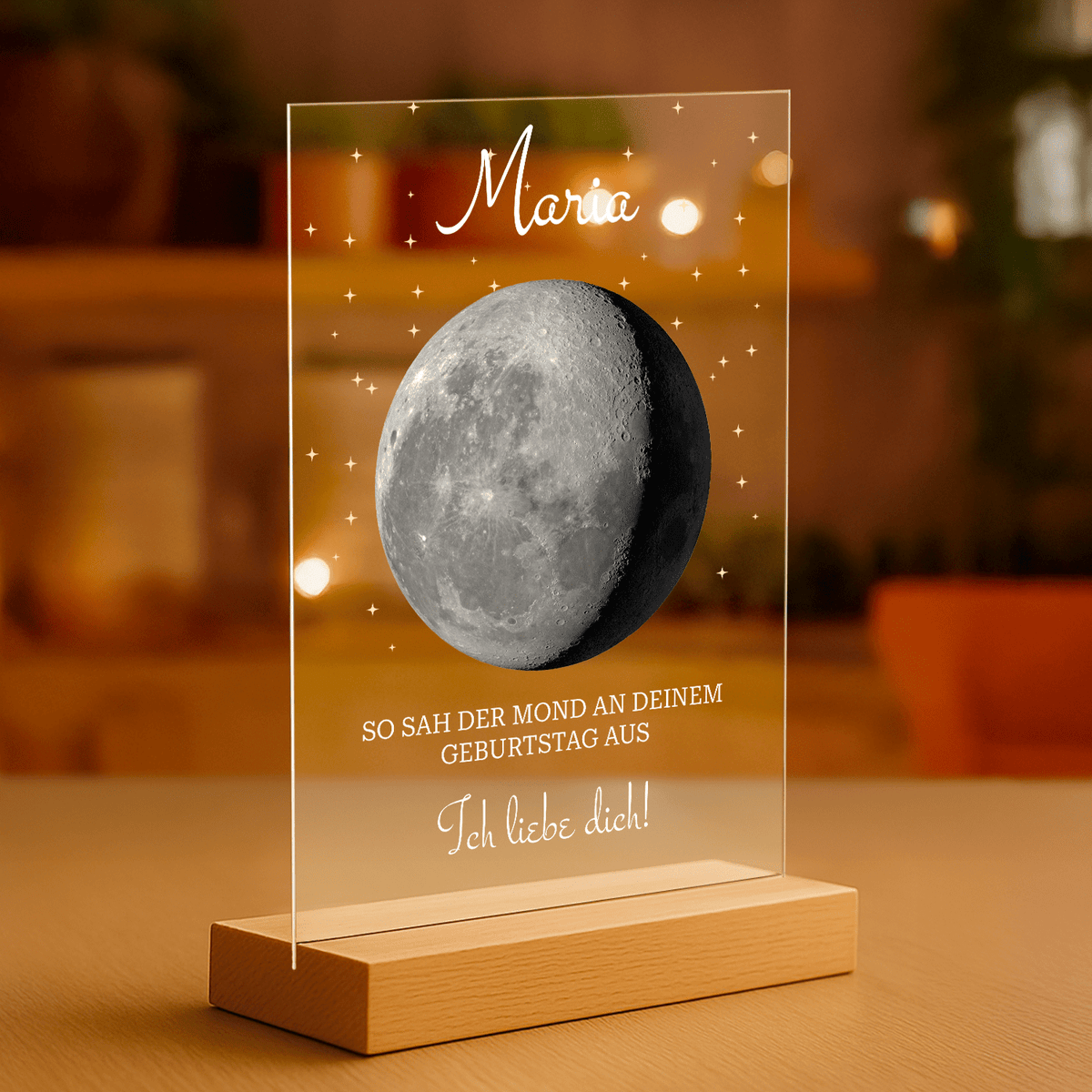 Der Mond am Tag deiner Geburt – personalisierter Druck auf Acrylglas für ein Kind - Emmygift.de
