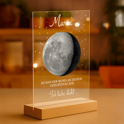 Der Mond am Tag deiner Geburt – personalisierter Druck auf Acrylglas für ein Kind - Emmygift.de