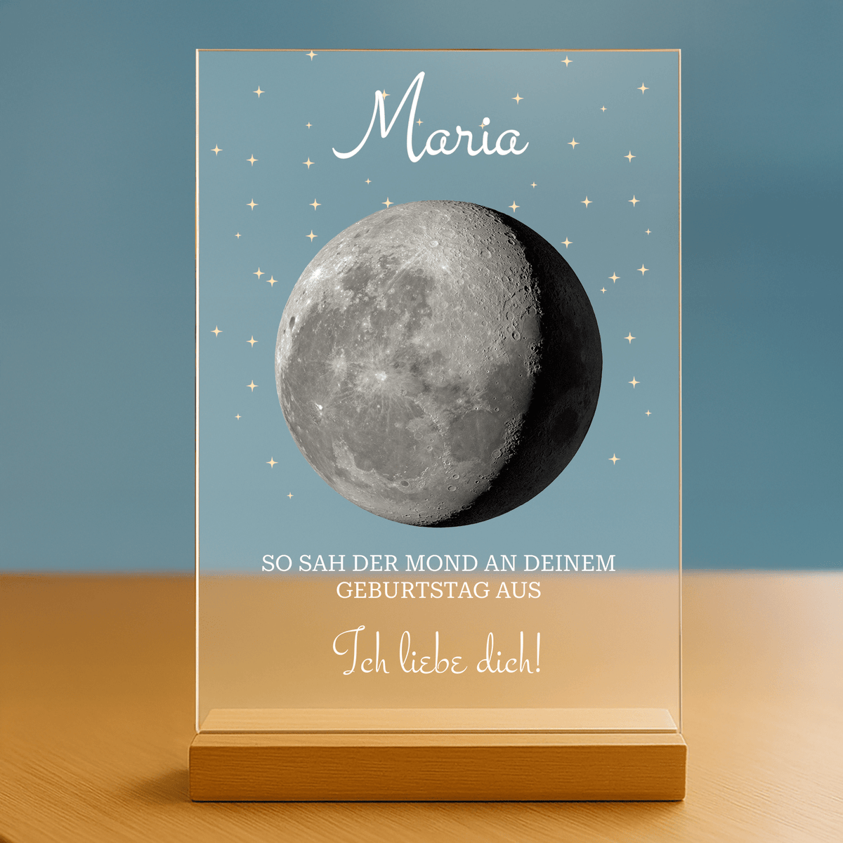 Der Mond am Tag deiner Geburt – personalisierter Druck auf Acrylglas für ein Kind - Emmygift.de