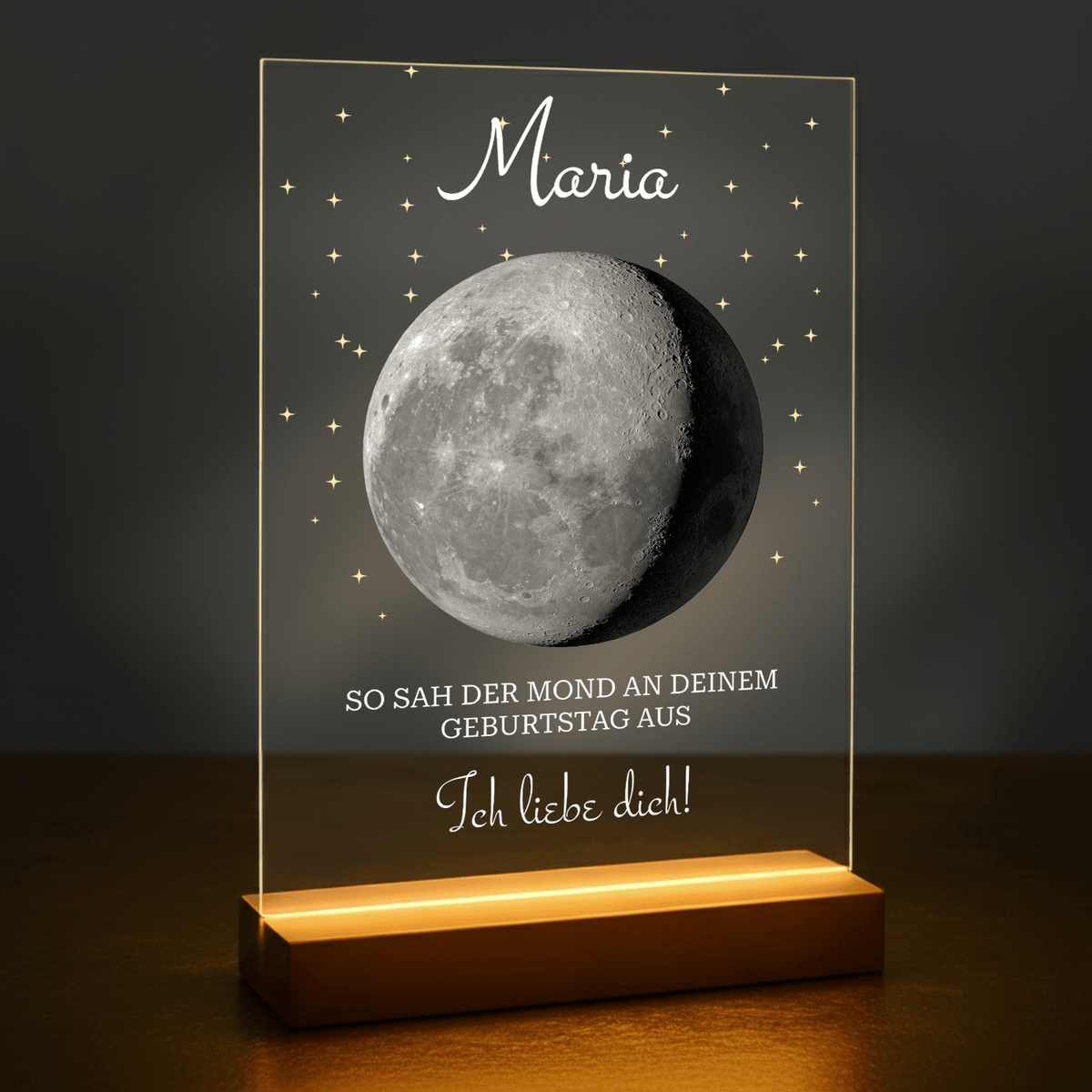 Der Mond am Tag deiner Geburt – personalisierter Druck auf Acrylglas für ein Kind - Emmygift.de