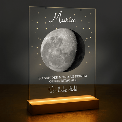 Der Mond am Tag deiner Geburt – personalisierter Druck auf Acrylglas für ein Kind - Emmygift.de