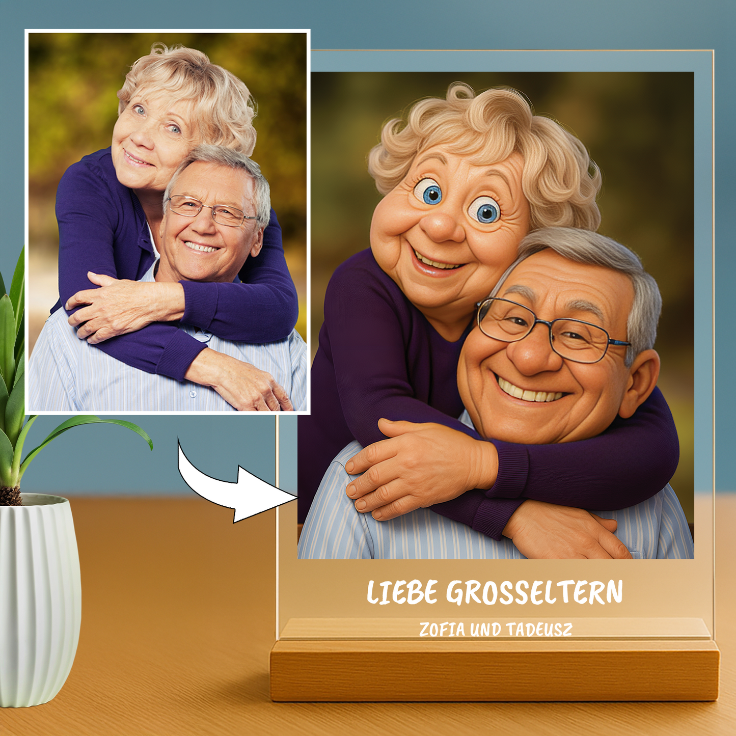 Großeltern wie aus einem Zeichentrickfilm – Porträt auf Acrylglas für Großeltern