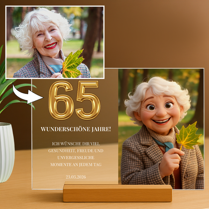 Märchenporträt zu ihrem 65. Geburtstag – personalisierter Glasdruck für sie