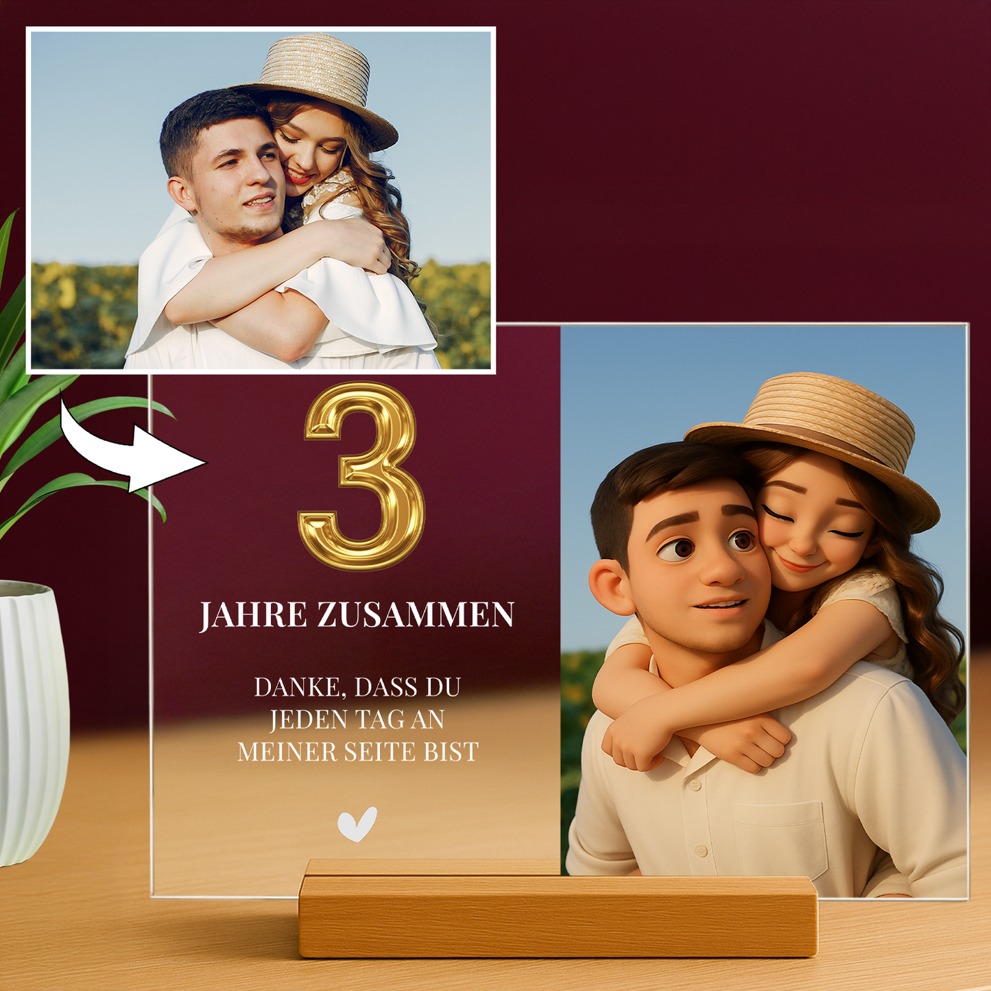 3 Jahre zusammen – personalisierter Glasdruck für Paare