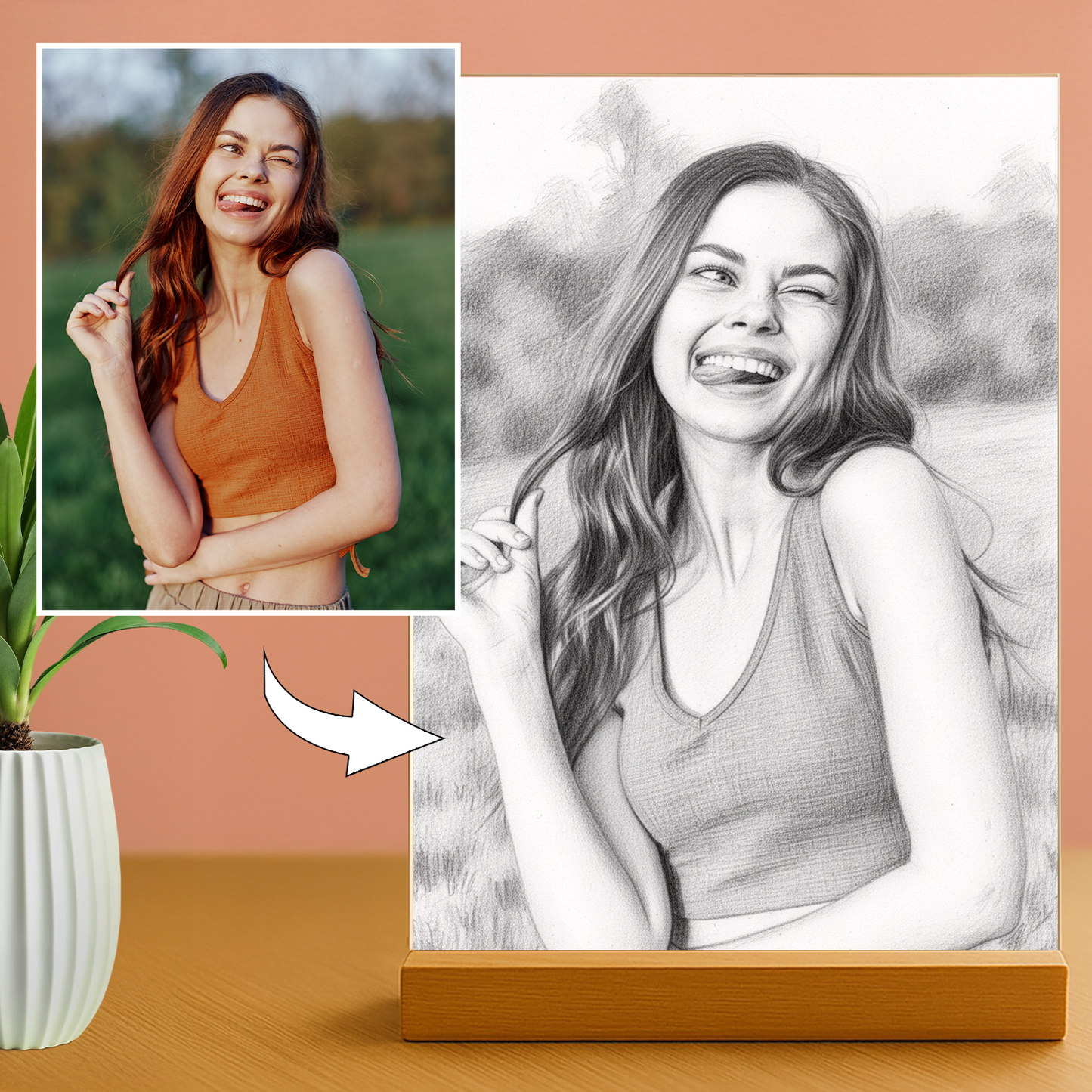 Sie im Bleistiftskizzen-Stil – Acrylglas Porträt für Frau