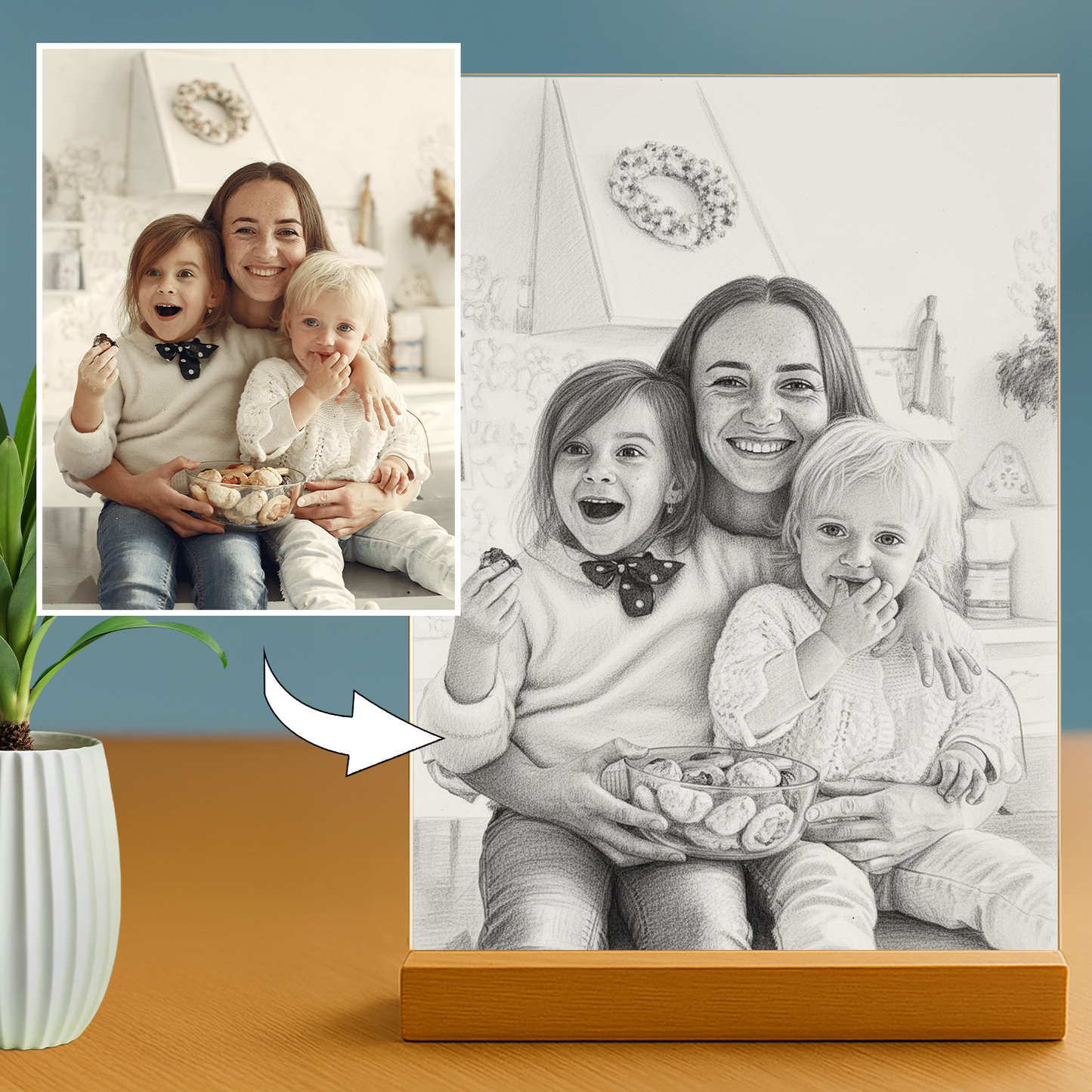 Bleistiftskizze-Porträt auf Acrylglas - Geschenk zum Muttertag