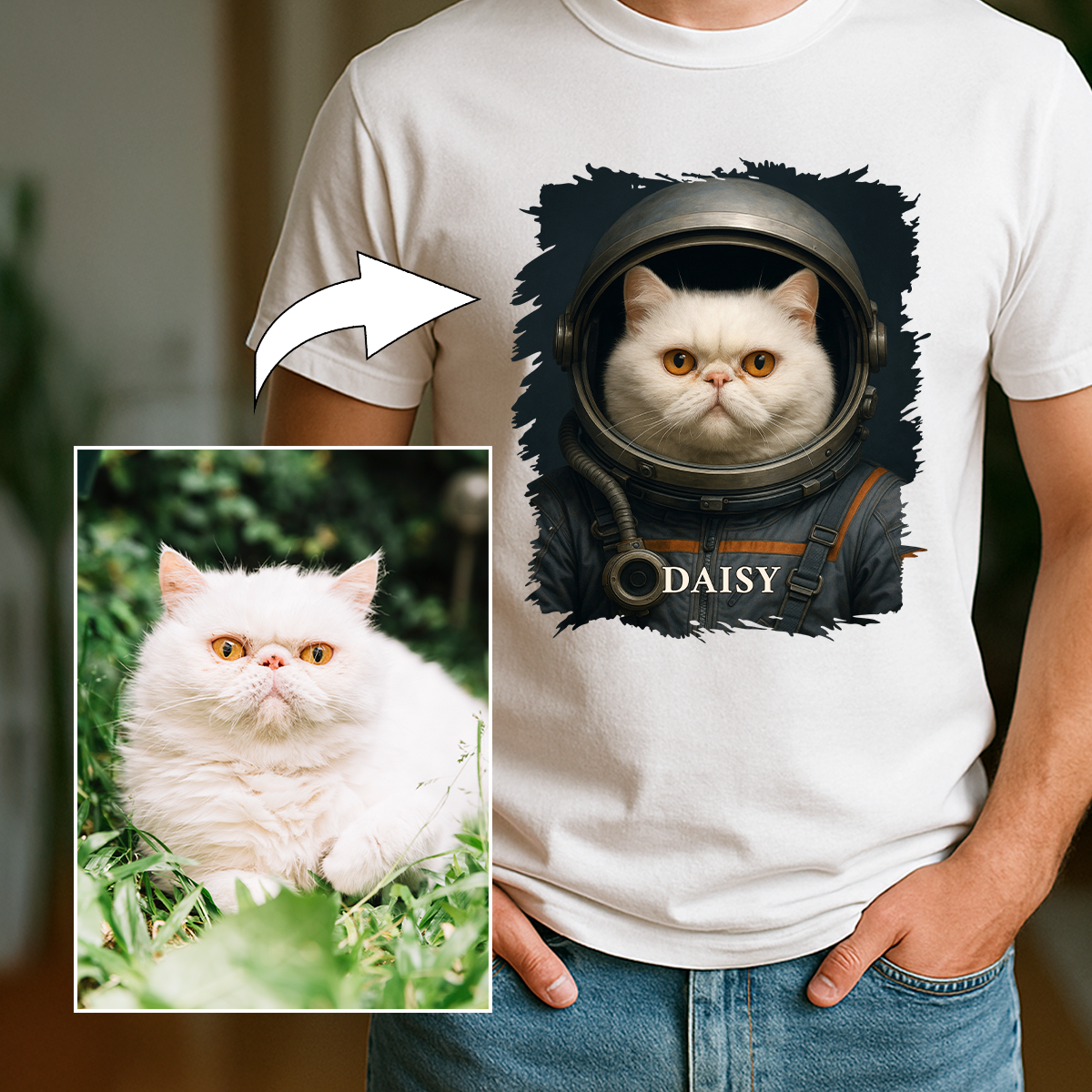Katze im Weltall – Herren-T-Shirt mit Aufdruck für Katzenliebhaber