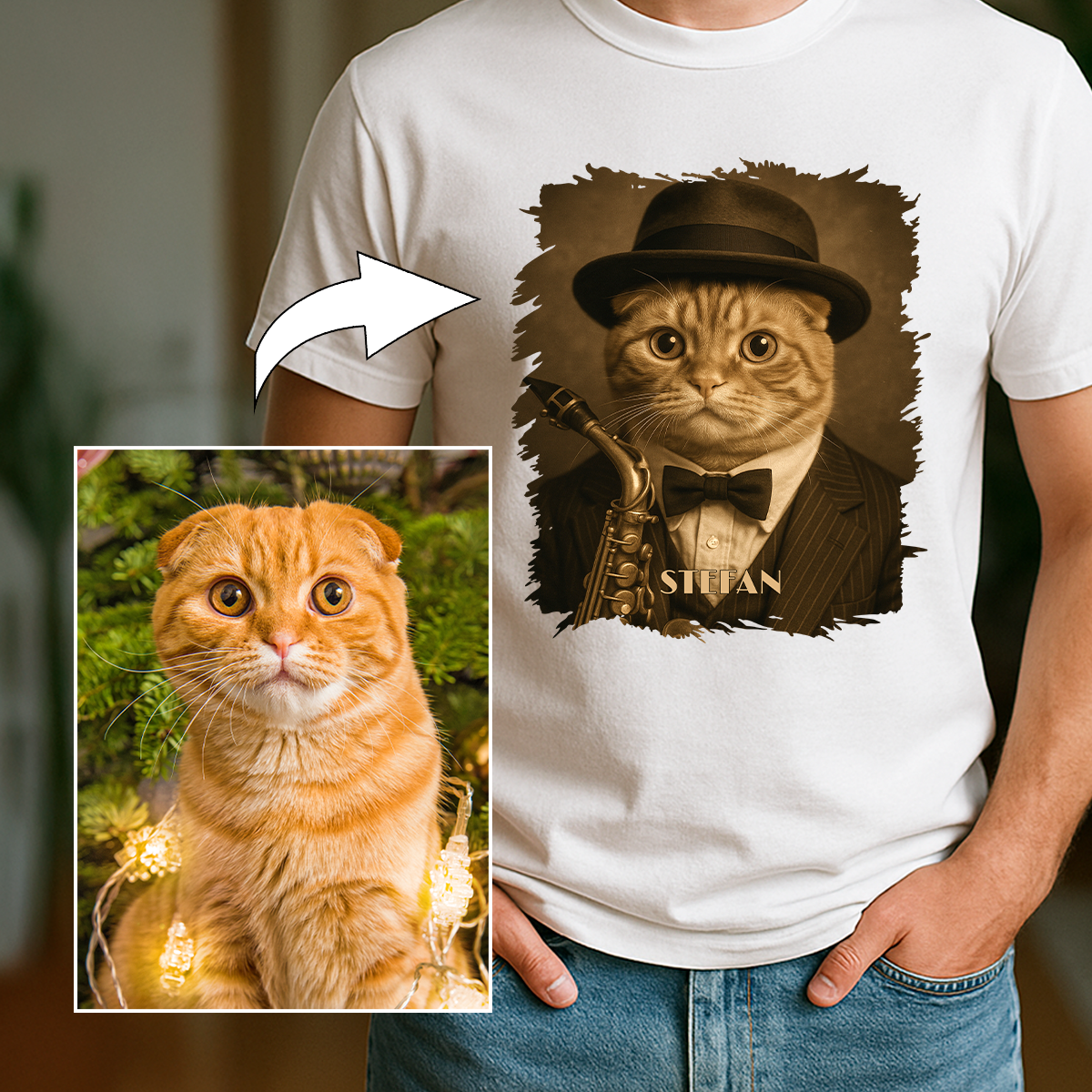 Katze als Jazzmusiker – Herren-T-Shirt mit Aufdruck für Katzenliebhaber