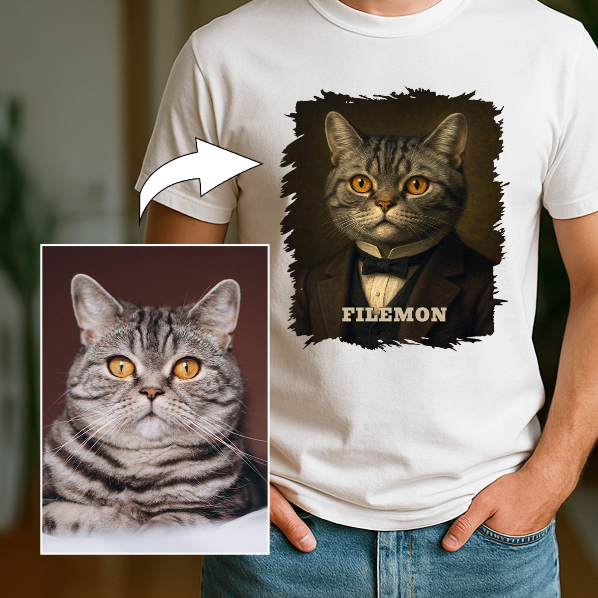 Katze im Anzug – personalisiertes Herren-T-Shirt für Katzenliebhaber