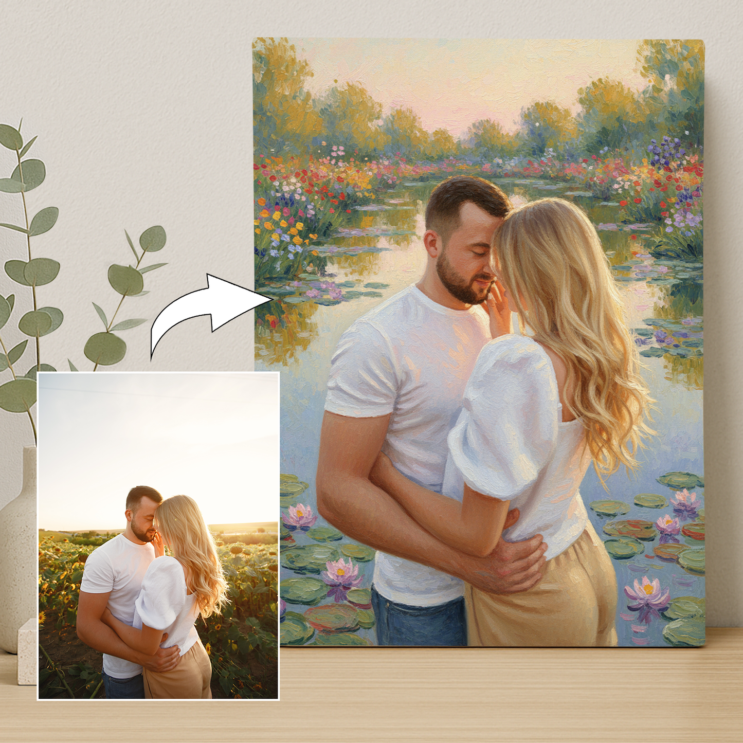 Spaziergang zu zweit am Teich – Leinwandporträt für Paare