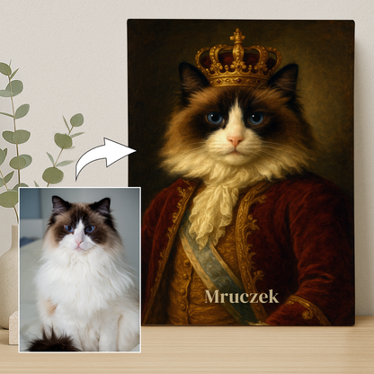 Königliches Katzenporträt – personalisiertes Leinwandbild für Katzenliebhaber