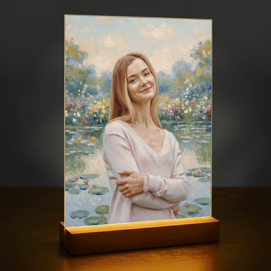 Frau am Teich im Monet-Stil - Acrylglas Porträt für sie - Emmygift.de