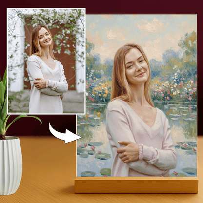 Frau am Teich im Monet-Stil - Acrylglas Porträt für sie - Emmygift.de