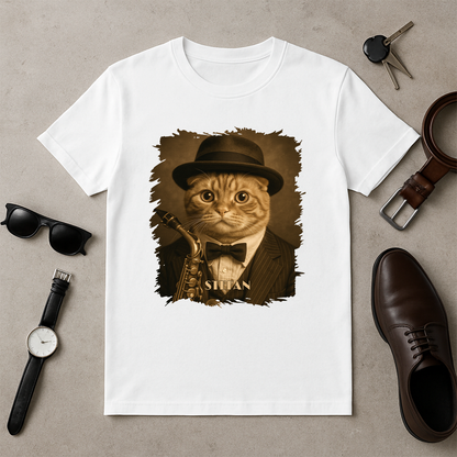 Katze als Jazzmusiker – Herren-T-Shirt mit Aufdruck für Katzenliebhaber