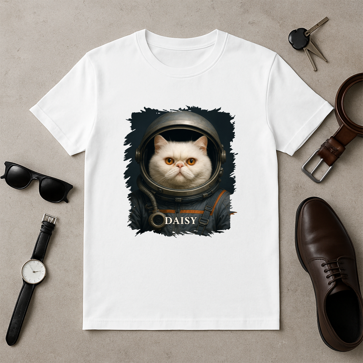 Katze im Weltall – Herren-T-Shirt mit Aufdruck für Katzenliebhaber