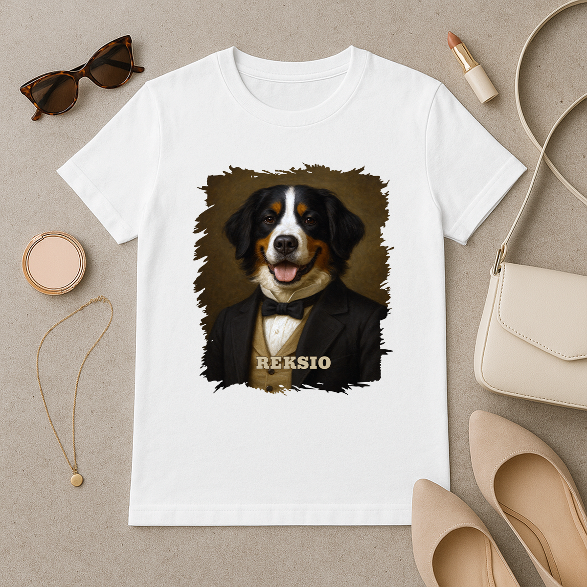 Hund im Anzug – personalisiertes Damen-T-Shirt für Hundeliebhaberinnen