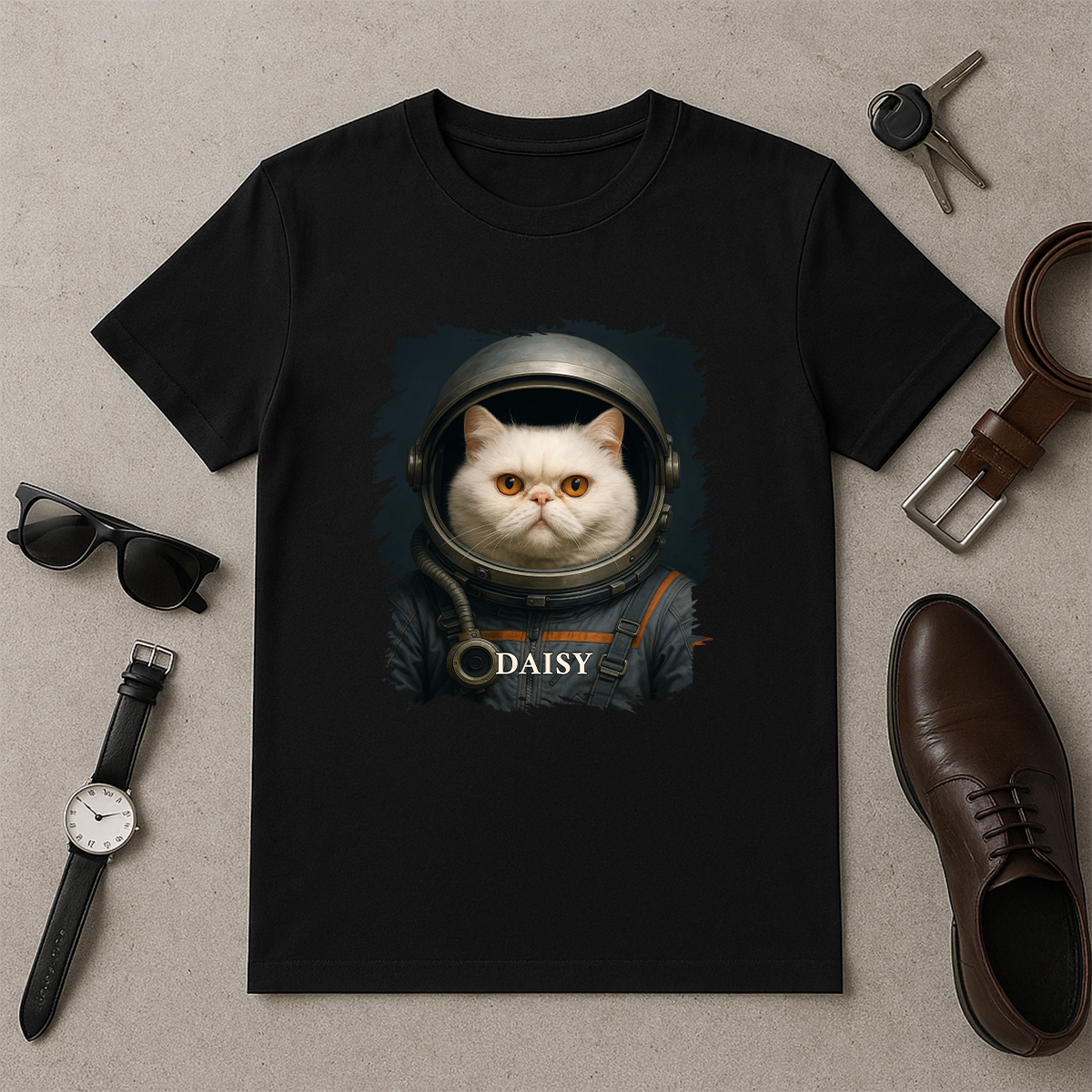 Katze im Weltall – Herren-T-Shirt mit Aufdruck für Katzenliebhaber