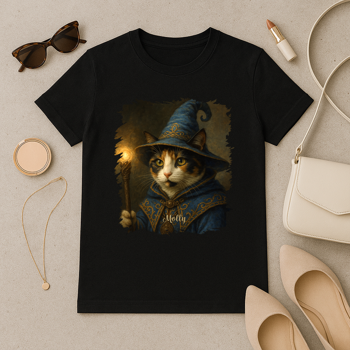 Zaubererkatze - Damen T-Shirt mit Druck für Katzenliebhaberinnen