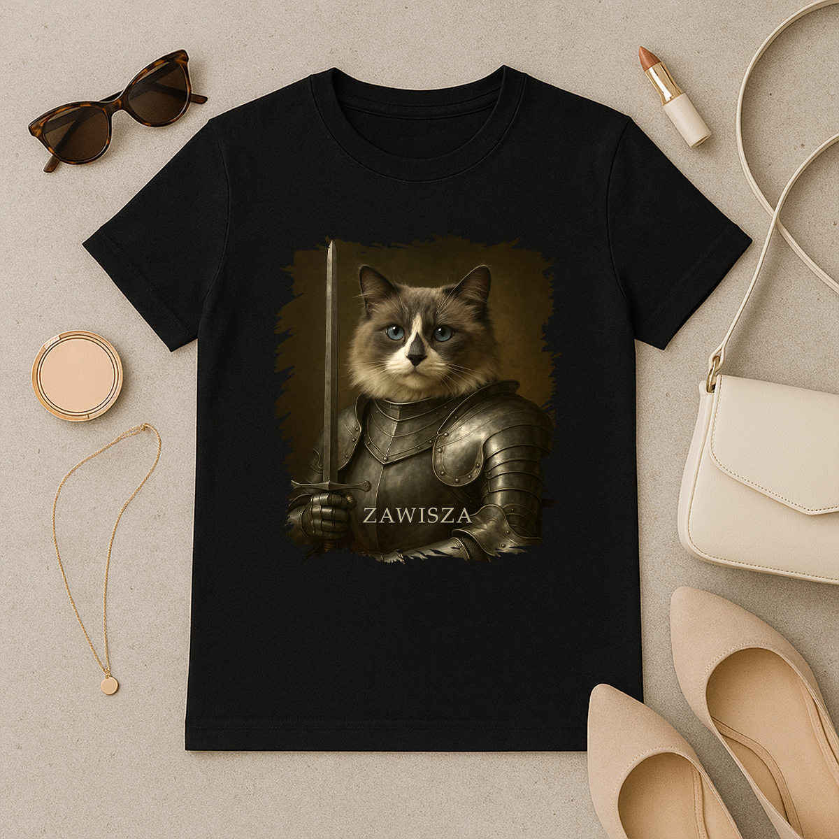 Ritterkatze – Damen-T-Shirt mit Aufdruck für Katzenliebhaber