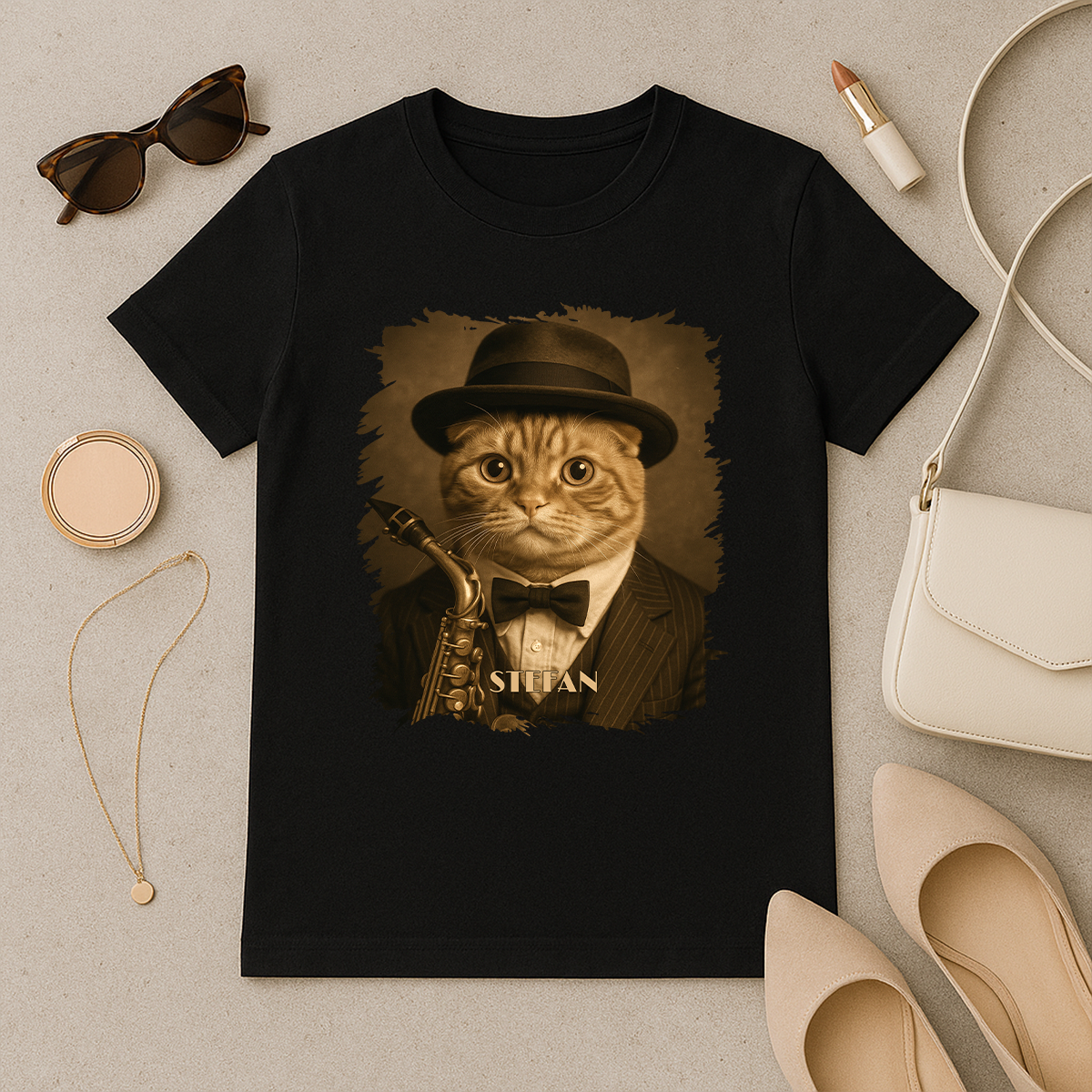 Musikerkatze – Damen-T-Shirt mit Aufdruck für Katzenliebhaber