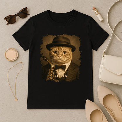 Musikerkatze – Damen-T-Shirt mit Aufdruck für Katzenliebhaber